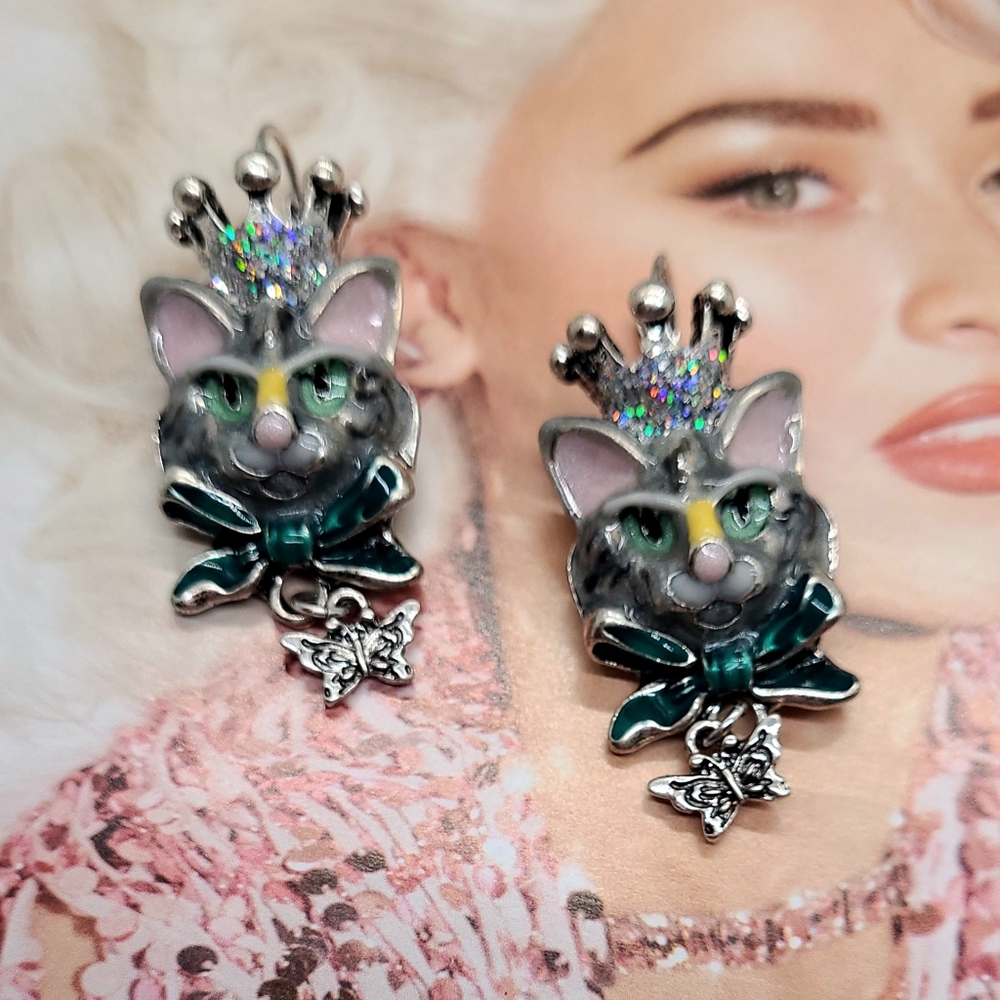 Vintage Estate Collectible Signed Kirks Folly Princess Kitty Silver Earrings - Picture 2 of 11